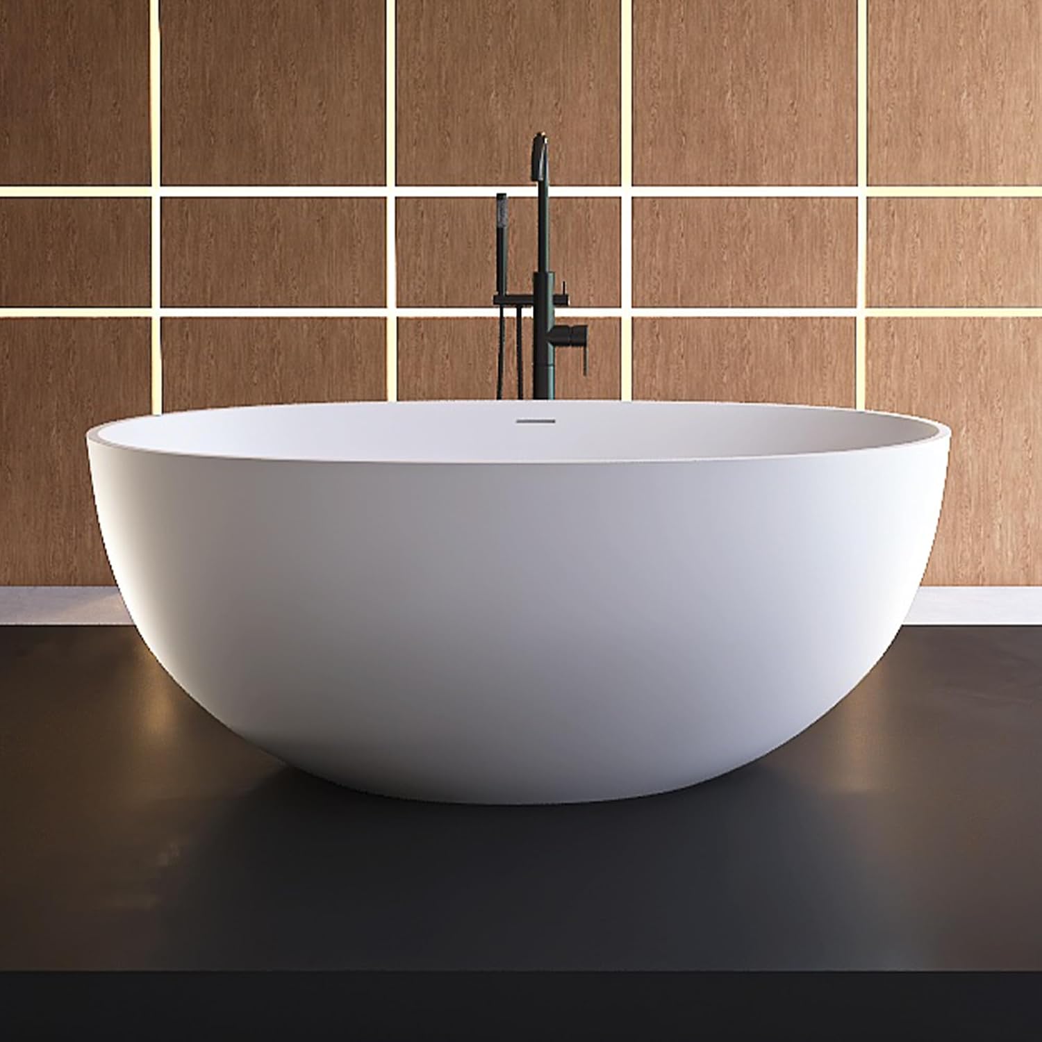 Oval 55' Freestanding Bathtub, Stone Resin Matte White | Solid Surface Stand Alone Bathtub, Modern Soaking Tub with Overflow and Pop-up Drain, cUPC Certified
