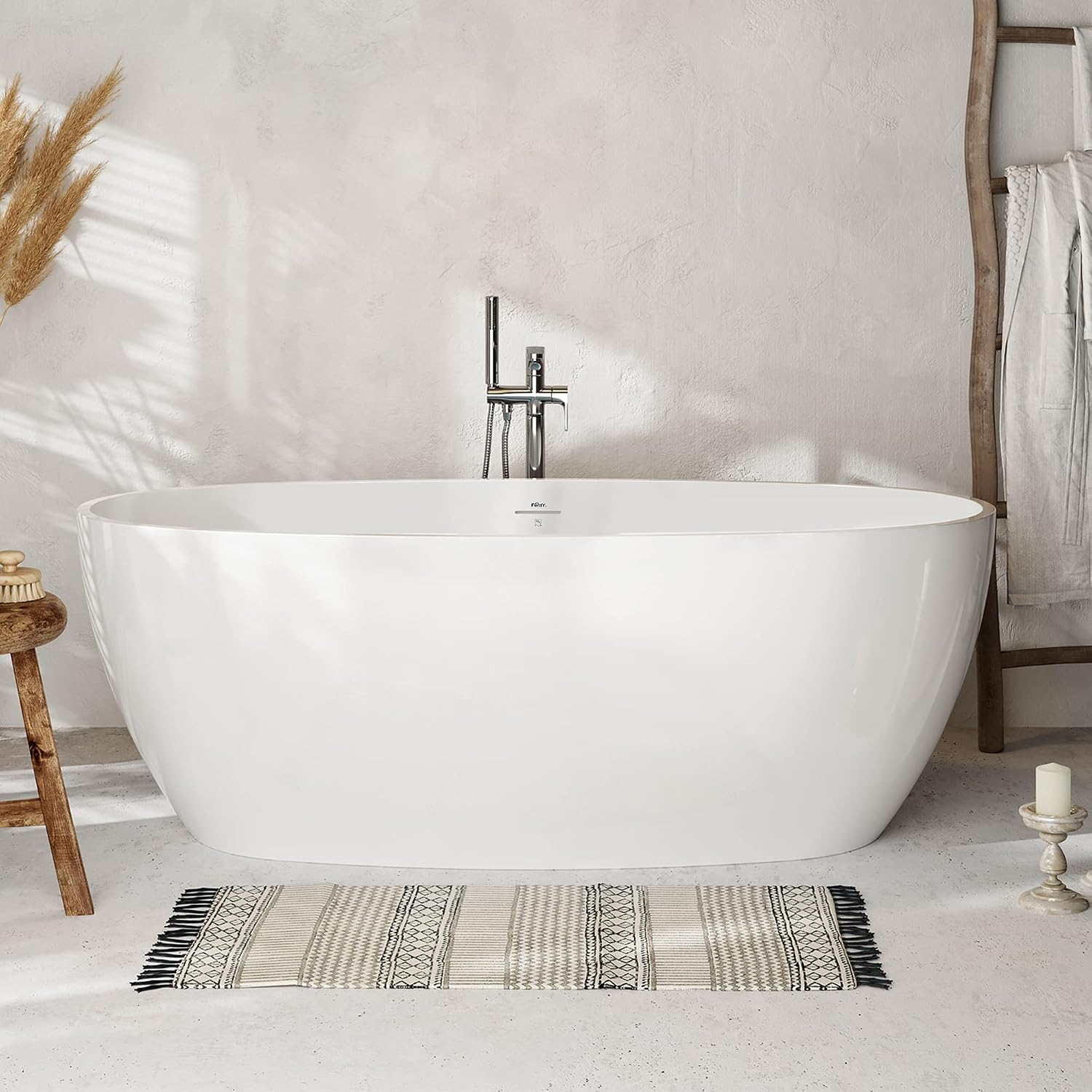 FerdY Tahiti 67' Freestanding Bathtub Elegant Oval Shape, Double Walled Insulation bathtub with Center Brushed Nickel Drain& Bath Pillow for Bathtub,Thick Tub Pillows, Breathable 4D Air Mesh