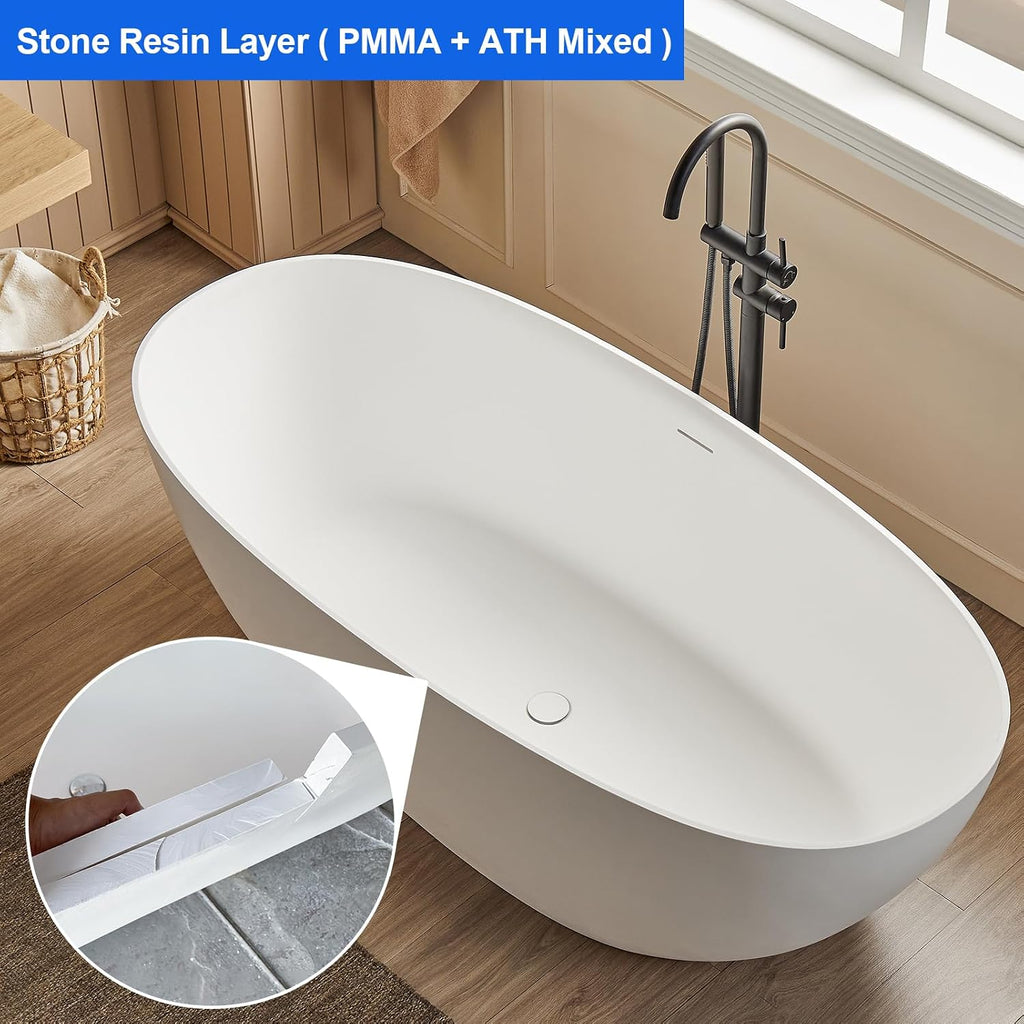 Cpingao 63' Solid Surface Freestanding Bathtub, Modern Oval Shape Soaking Tub, Stone Resin Stand Alone Bathtub with Drain & Integrated Slotted Overflow Matte White 8845-1600