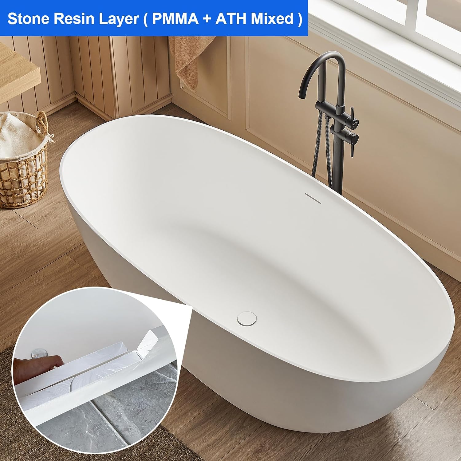 Cpingao 71' Stone Resin Freestanding Bathtub, Contemporary Oval Stand Alone Soaking Tubs, Solid Surface Bathtub with Drain & Integrated Slotted Overflow Matte White 8845-1800