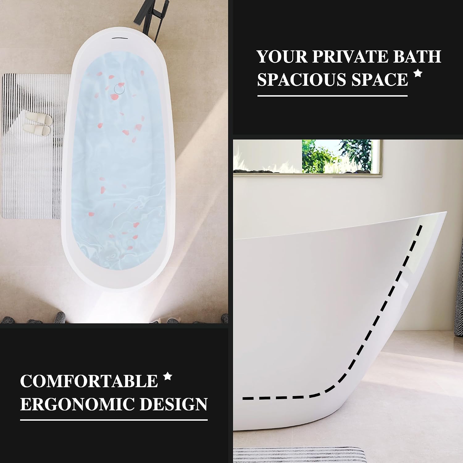 67' High-back Acrylic Tub, Freestanding Bathtubs, Soaking Tubs with Integrated Overflow and Drain, cUPC Certified