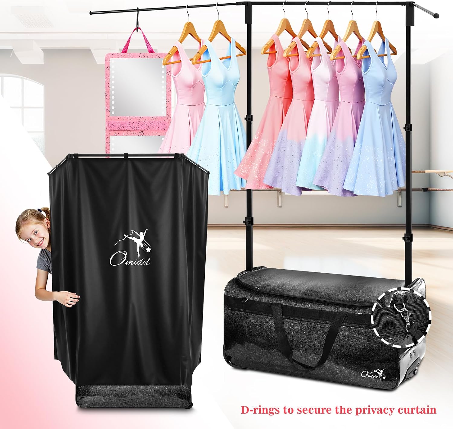 Dance Bag with Garment Rack and Curtain, 28' Rolling Dance Competition Duffle Bag with Garment Rack | Mobile Changing Station Dance Suitcase for Dancer Athlete Livestreamer Cheerleader Cosplayer