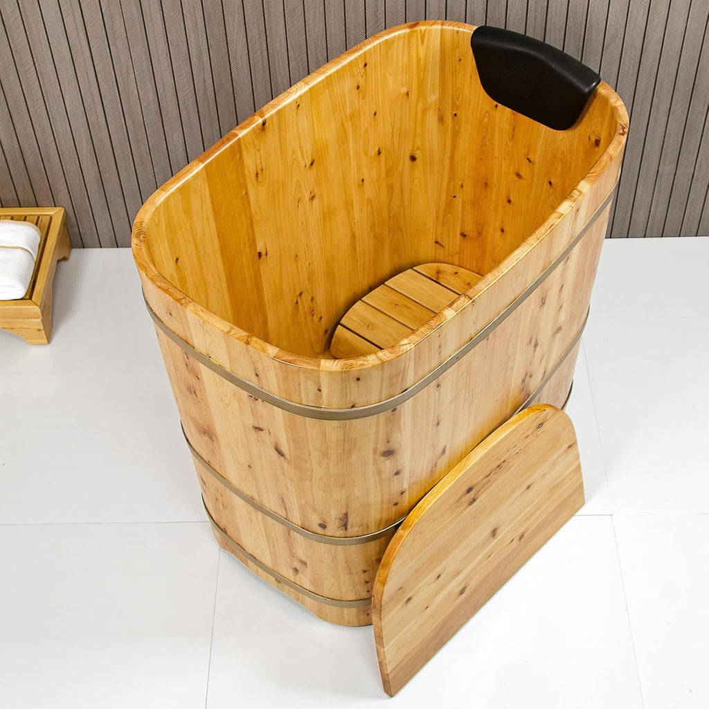 With Lid Japanese Soaking Tub Handcrafted Cedar Freestanding Wooden Bathtub Deep Soaking Tub Small Bathroom Tub Space Saving and Easy to Move STB03901 34' Hot Tub