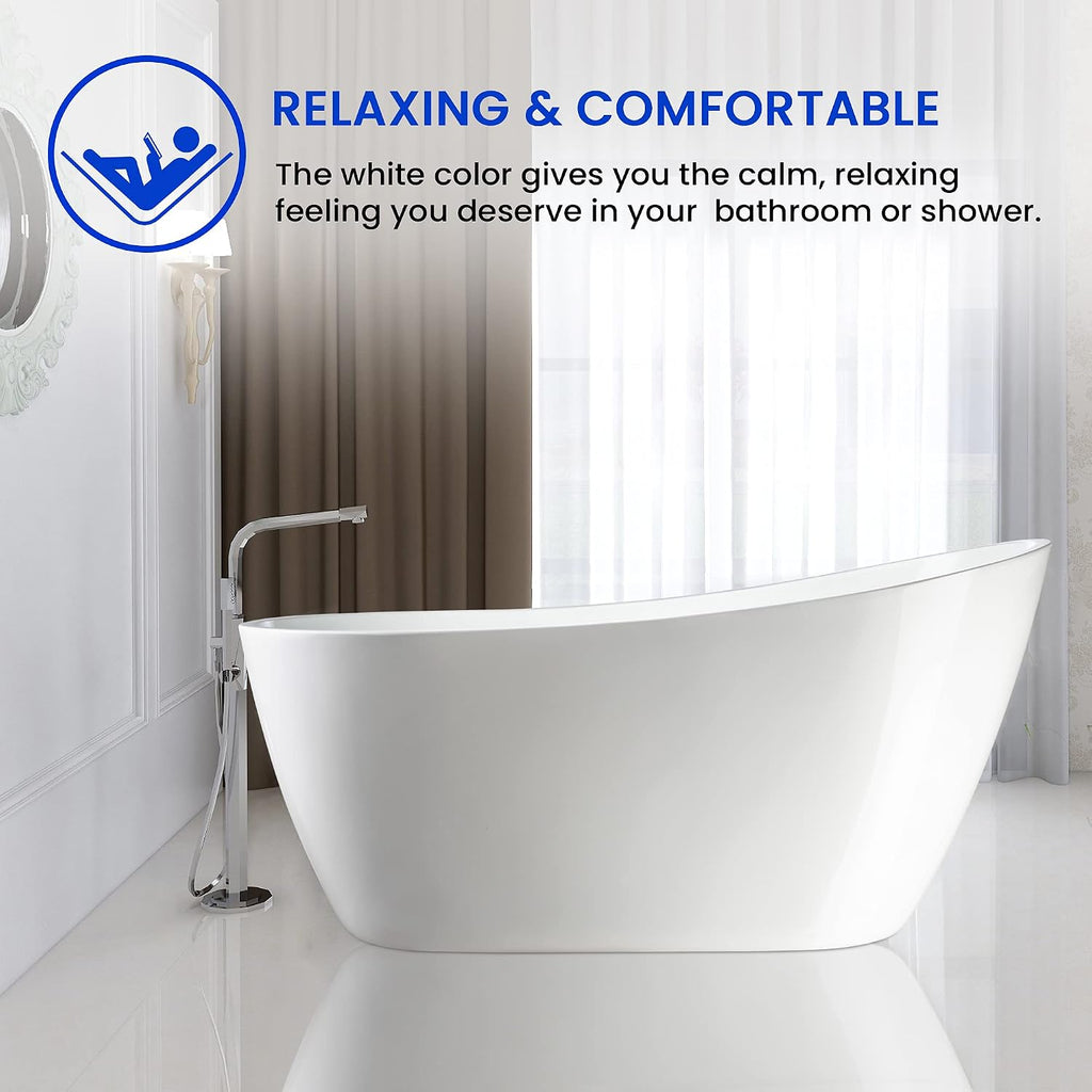 Vanity Art 55 x 28 Inch White Acrylic Freestanding Bathtub | Contemporary Design Soaking Tub with Pop-up Drain and Overflow Included, UPC Certified, VA6531-BN