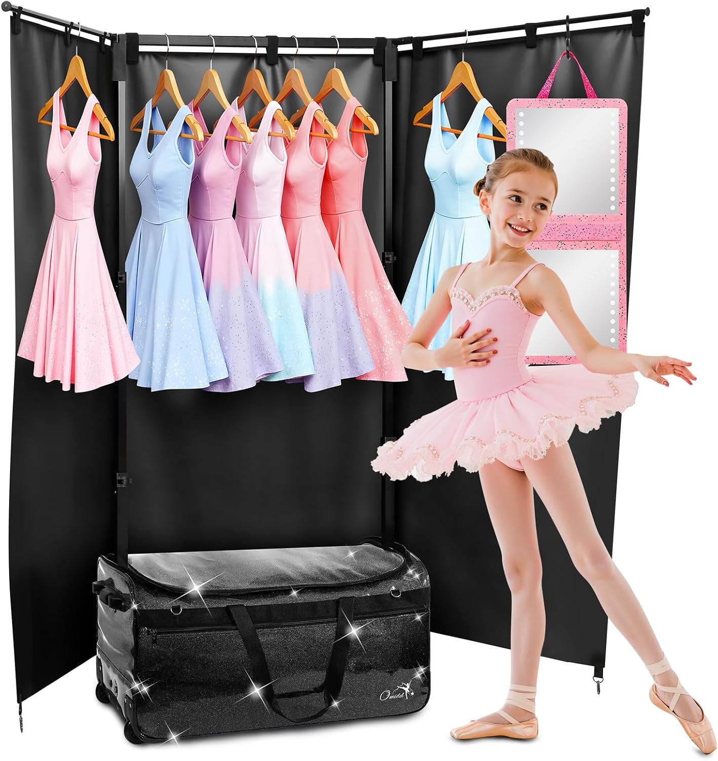 Dance Bag with Garment Rack and Curtain, 28' Rolling Dance Competition Duffle Bag with Garment Rack | Mobile Changing Station Dance Suitcase for Dancer Athlete Livestreamer Cheerleader Cosplayer