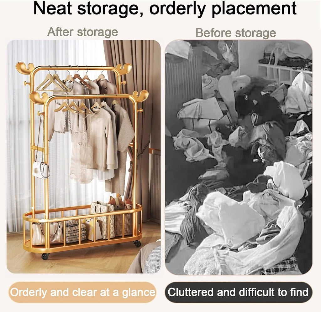 Modern Double-Rod Clothing Rack with Storage Shelf, Metal Wardrobe Stand with Wheels, Clothes Racks, Freestanding Garment Organizer for Bedroom or Dressing Area – Gold(60cm(23.6in))