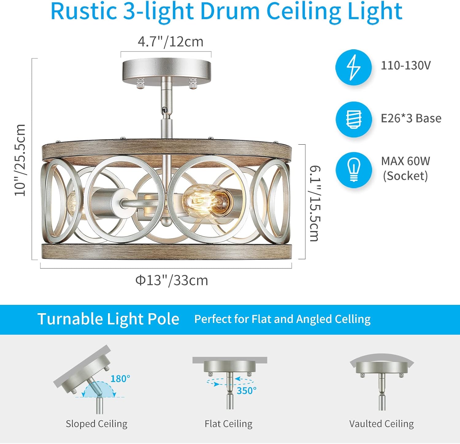 XINGQI 13' Modern 3-Light Brushed Nickel Rustic Semi Flush Mount Ceiling Light Fixture Wood Grain Metal Round Lamp for Kitchen Dining Room Bedroom Entryway