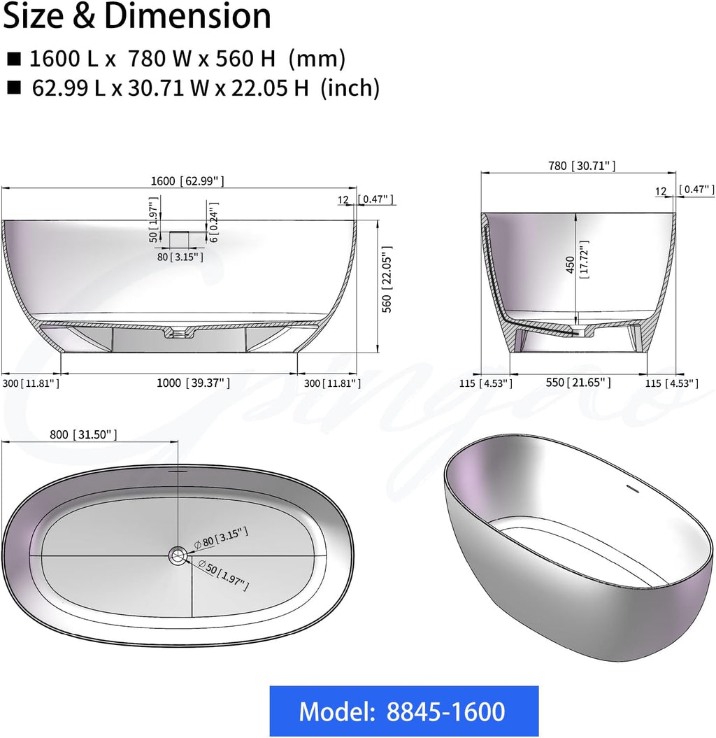 Cpingao 63' Solid Surface Freestanding Bathtub, Modern Oval Shape Soaking Tub, Stone Resin Stand Alone Bathtub with Drain & Integrated Slotted Overflow Matte White 8845-1600