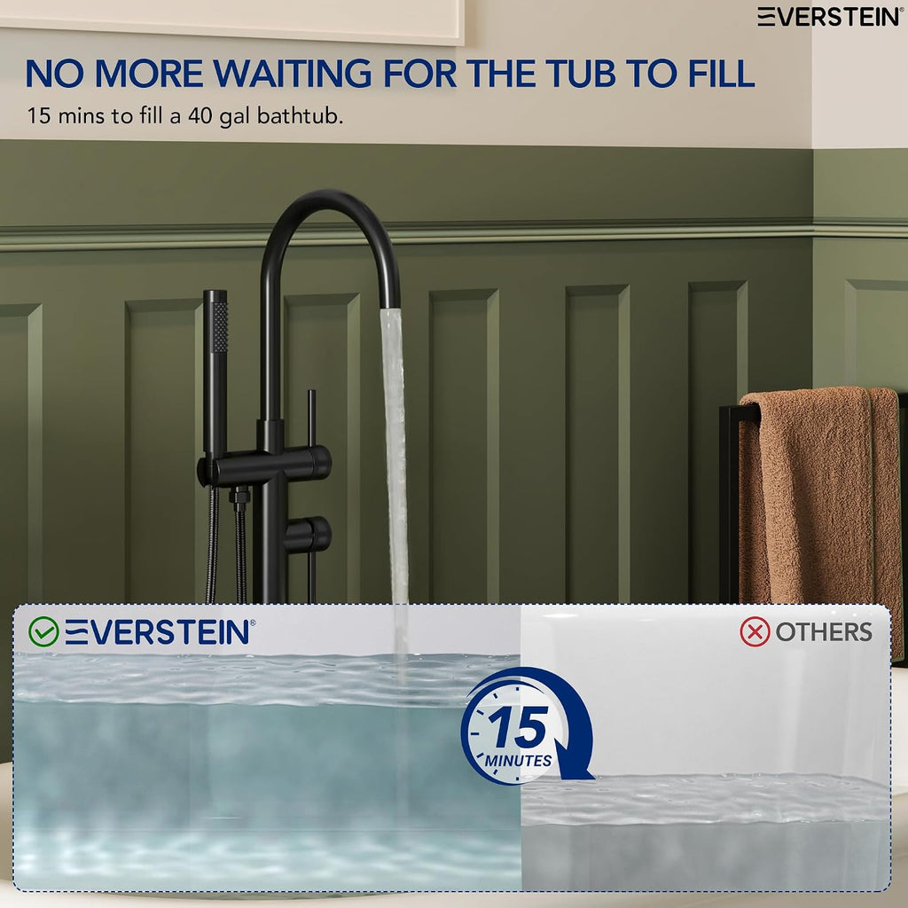 Freestanding Bathtub Faucet with Hand Held Shower, Floor Mount Tub Filler, Dual Handle Brass Bath Tub Faucet, Valve Included，Matte Black