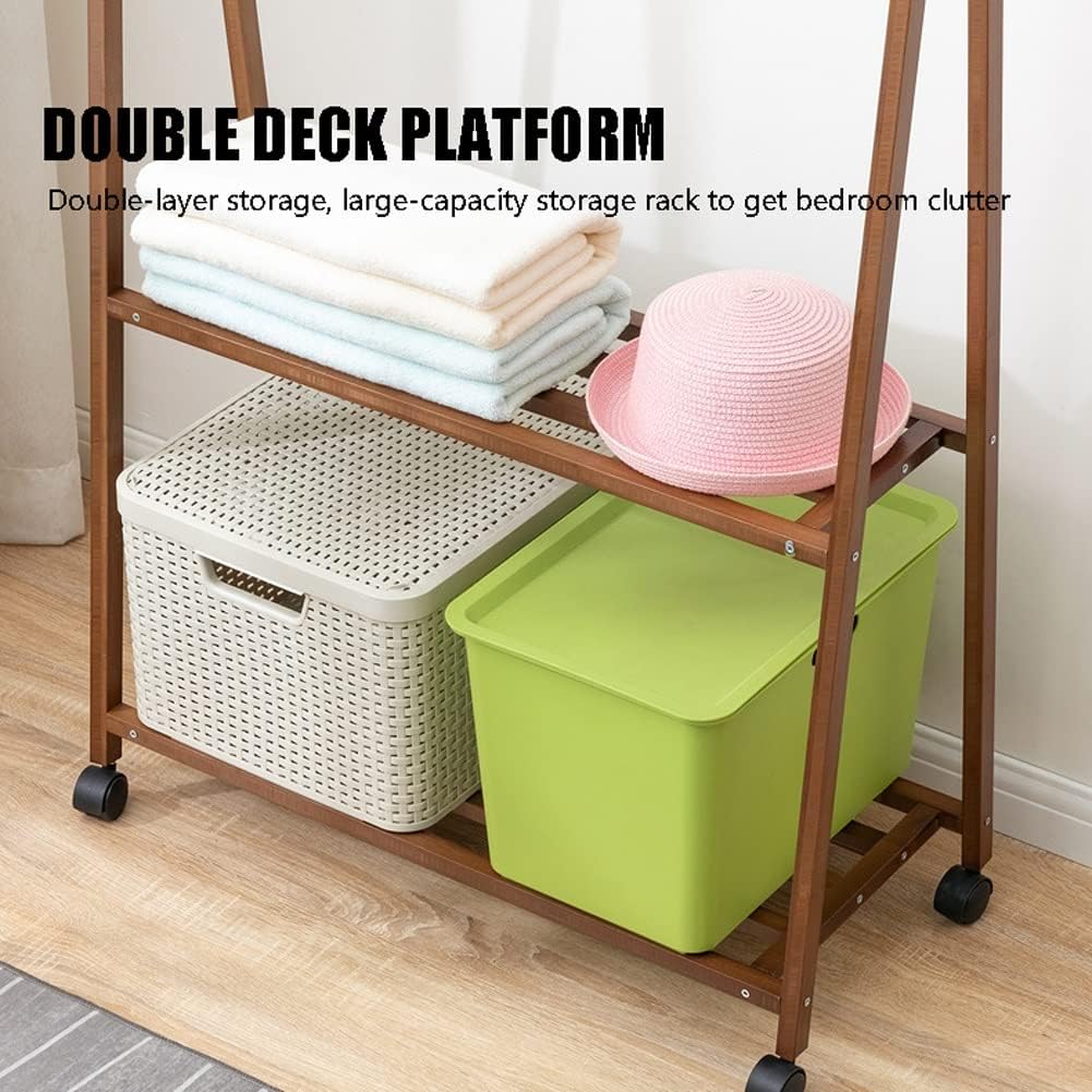 MZP Single Rod Clothes Garment Rack Rolling Clothing Organizer Shelf with Wheels Open Wardrobe Closet Coat Stands with 2 Shelves for Bedrooms Hallway Entryway (Color : Brown, Size : 55X33X150cm)