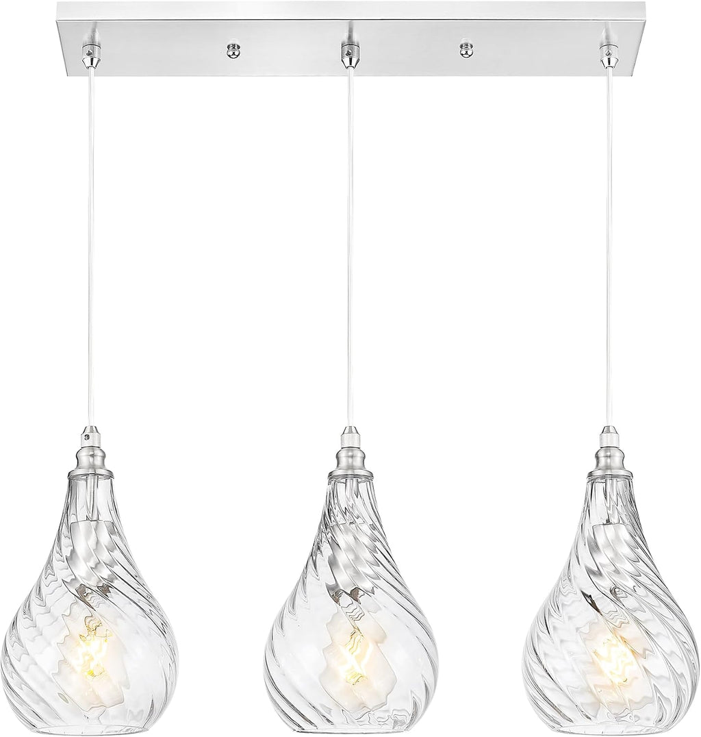 TENGXIN 3-Light Pendant Lights for Kitchen Islands - 6 Inch Brushed Nickel with Striped Glass. Farmhouse Style, Ideal for Dining Rooms and Bedrooms, Model TXPLBN12-3.