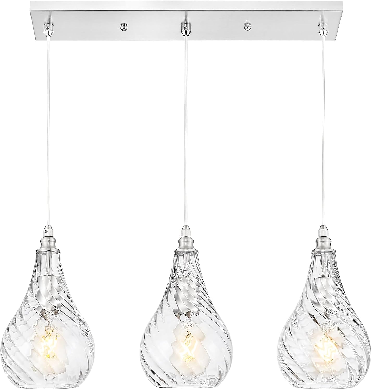 TENGXIN 3-Light Pendant Lights for Kitchen Islands - 6 Inch Brushed Nickel with Striped Glass. Farmhouse Style, Ideal for Dining Rooms and Bedrooms, Model TXPLBN12-3.