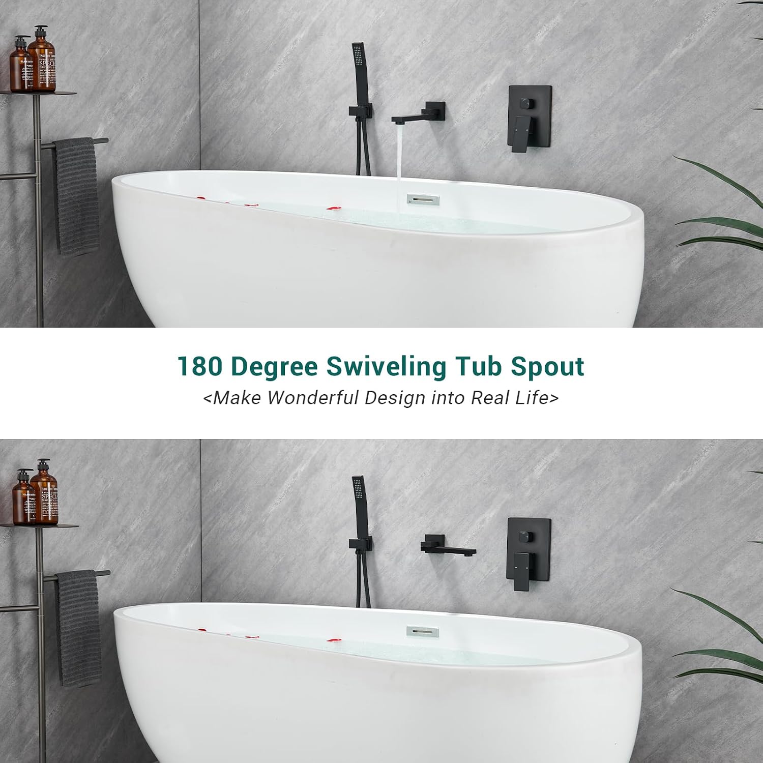 DASAN Swiveling Wall Mount Tub Filler Faucet Set with Hand Held Shower, Matte Black Modern Creative Bathtub Faucet Wall Mounted Bath Tub Faucet with High Flow Rough in Valve, SA-TF05WH-MB