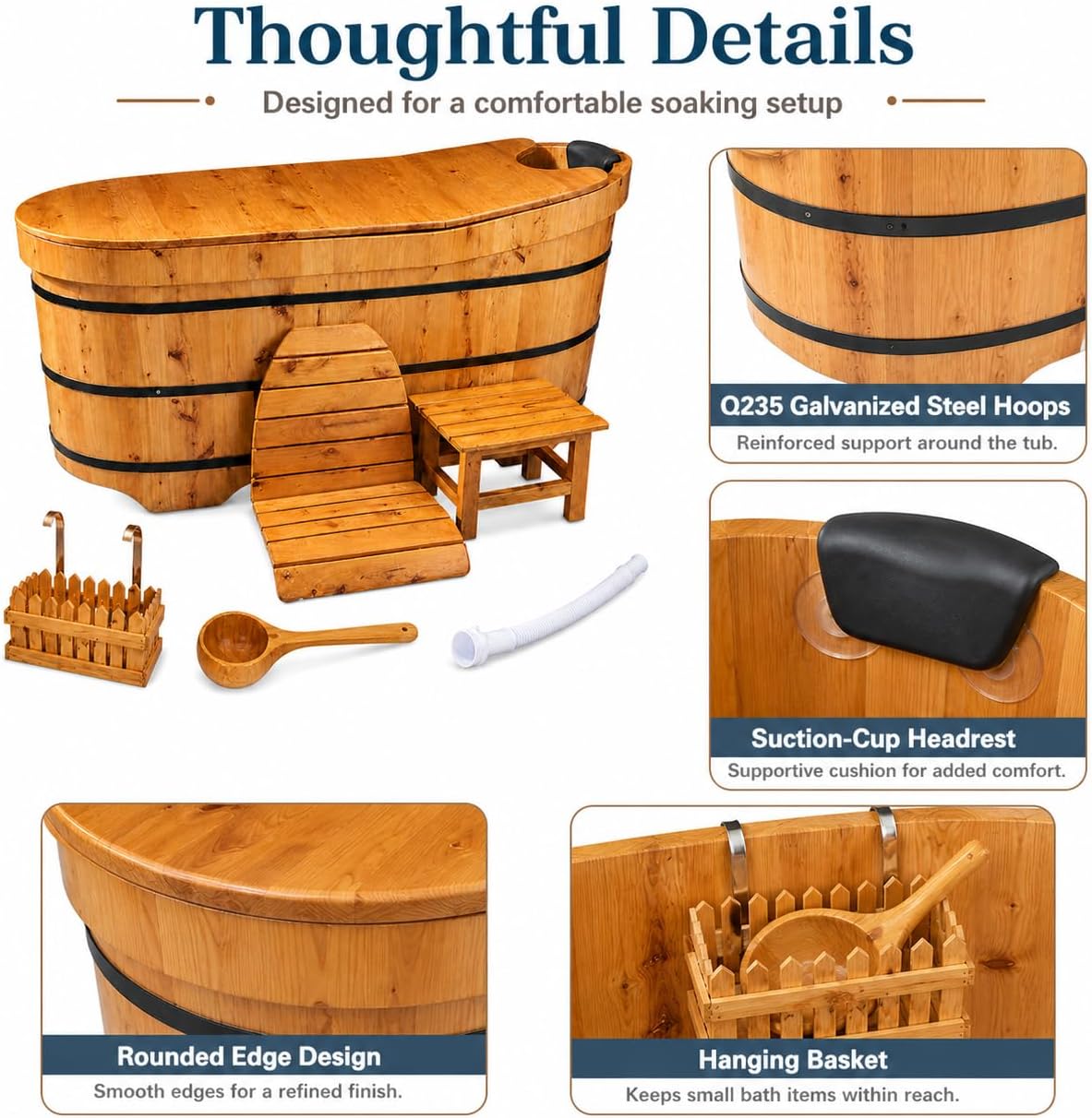Multiple Sizes Soaking Tub Cedar Wood To Make An Adult Wooden Bathtub With Multiple Accessories To Combine Bathing Japanese Wooden Bathtubs (Natural Wood Color - Standard Package, 47.24 IN)