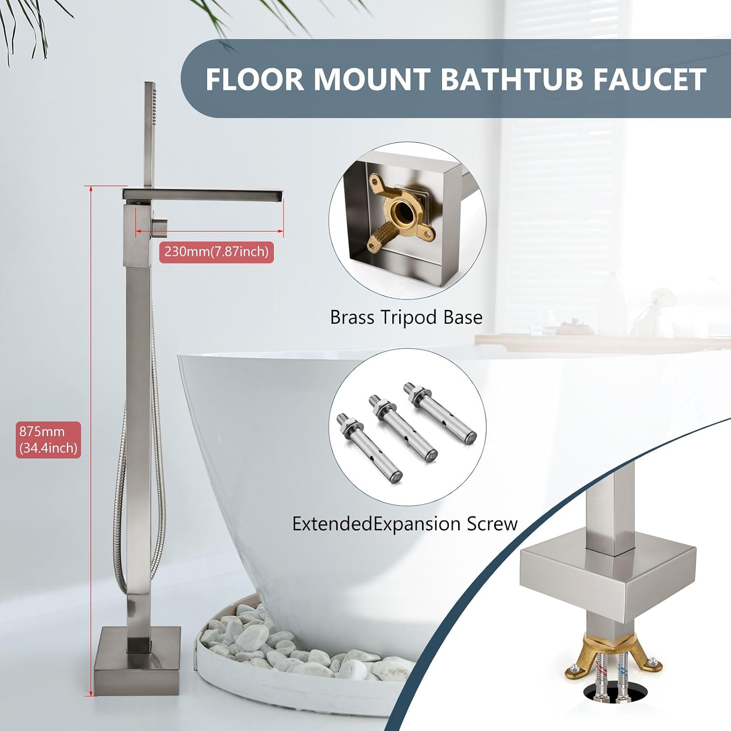 Aolemi Freestanding Bathtub Faucet Floor Mount Tub Filler with Handheld Spray Single Handle Free Standing Bathroom Faucets Swivel Flat Waterfall Spout Brushed Nickel
