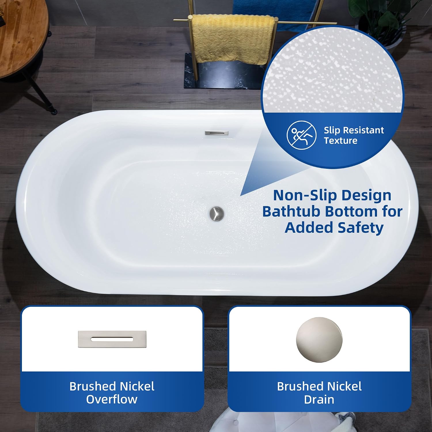 WOODBRIDGE 67' Acrylic Freestanding Bathtub Contemporary Soaking Tub with Brushed Nickel Overflow and Drain,White Tub,B0057-BN