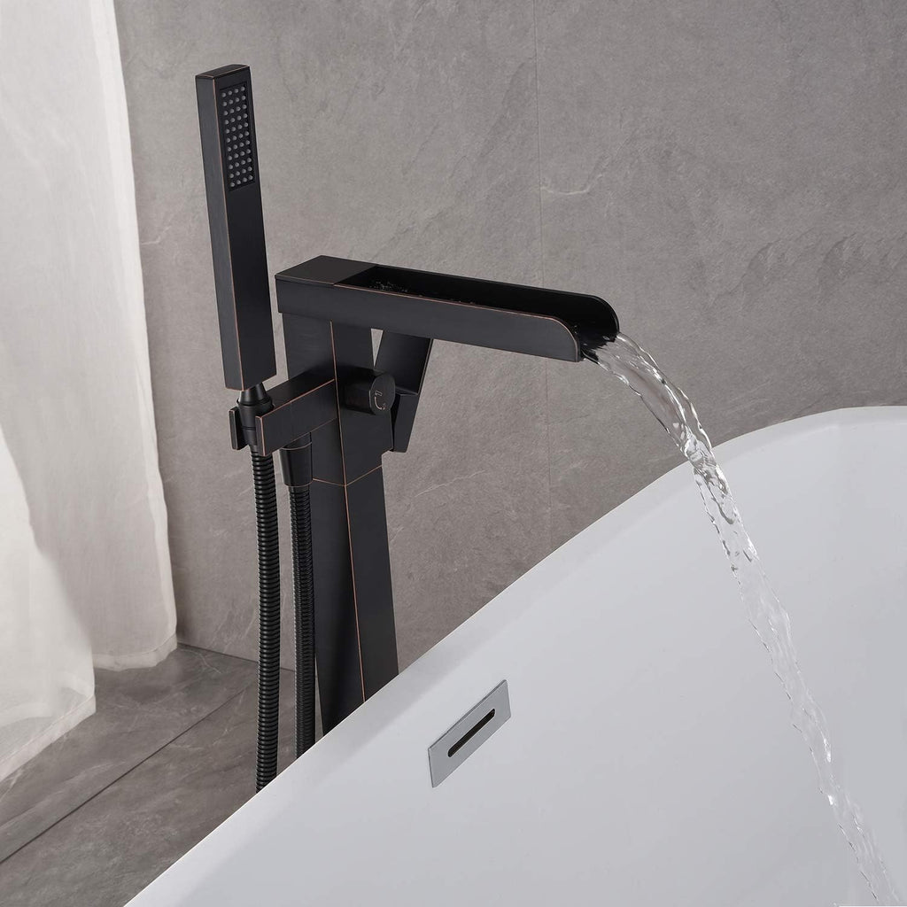 Wowkk Freestanding Bathtub Faucet Tub Filler Waterfall Single Handle Oil Rubbed Bronze Floor Mounted Faucets with Handheld Shower