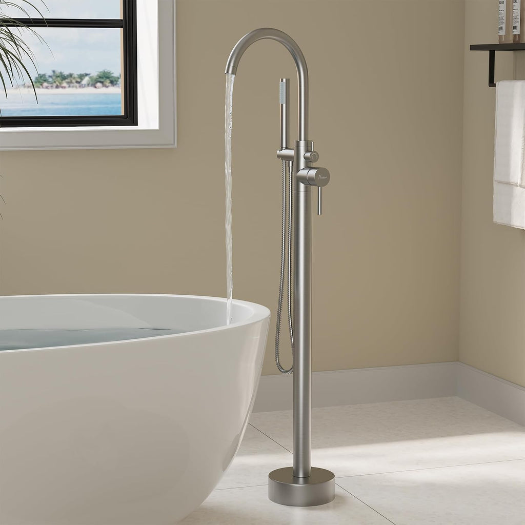 HAWKROWN Freestanding Bathtub Faucet, Floor Mount Bathtub Faucet with 2 Water Outlet Mode, Swivel Gooseneck Spout with Hand Shower, Brass Single Handle Tub filler, Max Flow Rate 7.4 GPM,Brushed Nickel