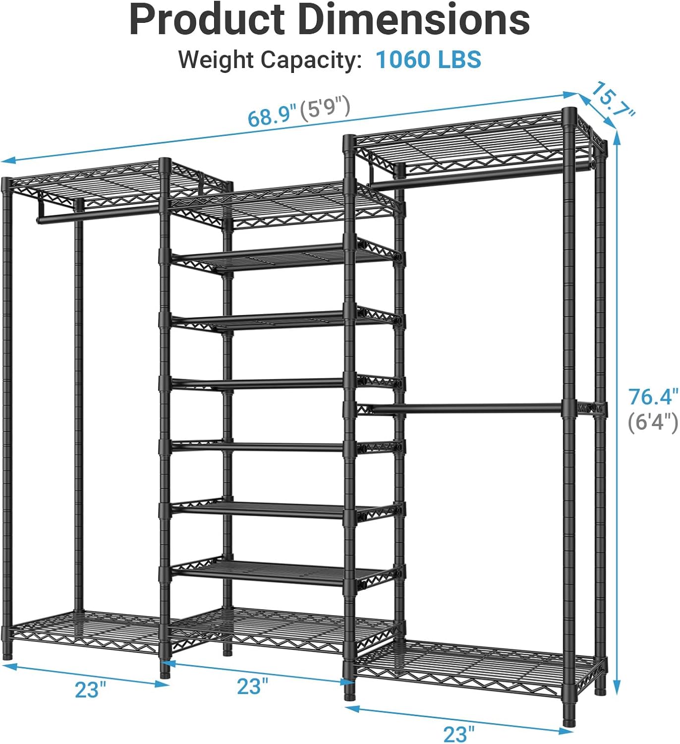 VIPEK S3 Heavy Duty Garment Rack Freestanding Clothes Rack Closet Storage Organizer Large Wardrobe with 8-Tier Shoe Rack, Hanging Rod, Adjustable Shelf, 68.9' L x 15.7' W x 76.4' H, Black