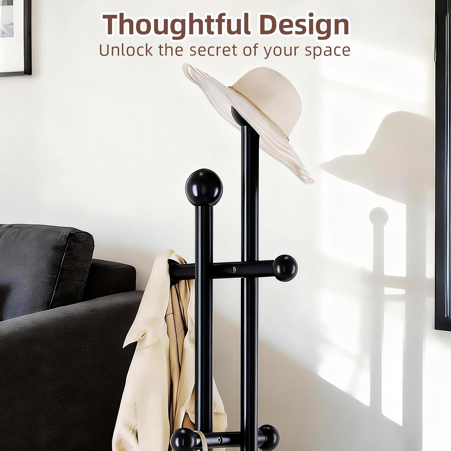 CozyDH Coat Rack Wooden Freestanding - Wood Coat Rack Freestanding Heavy Duty, Wooden Coat Stand with 6 Hooks Creative Look for Entryway, Hallway, Bedroom (Black)