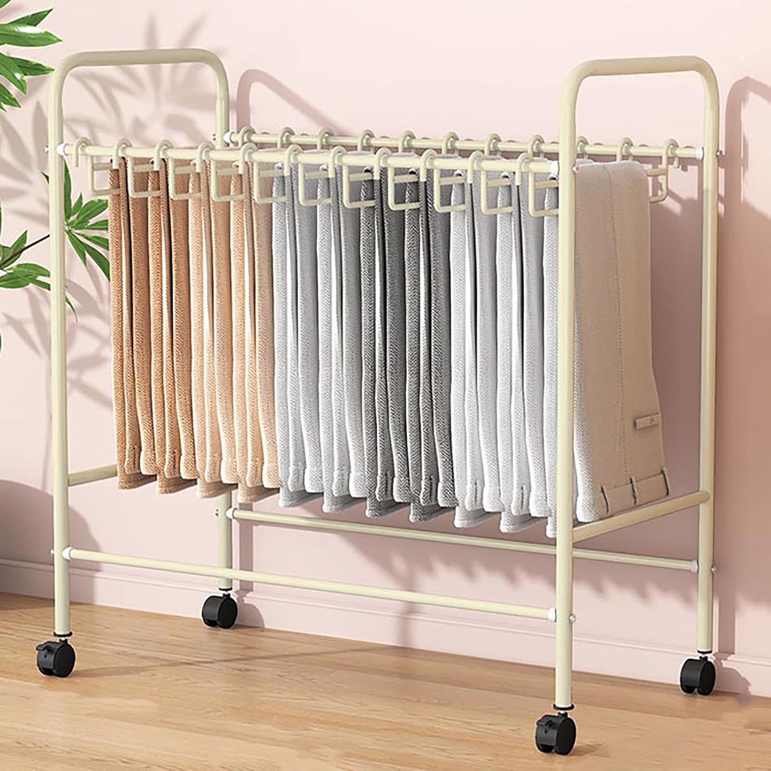 Mobile Metal Garment Rack with Wheels – Space-Saving Floor Standing Pants Organizer & Closet Shelf for Efficient Storage & Easy Mobility