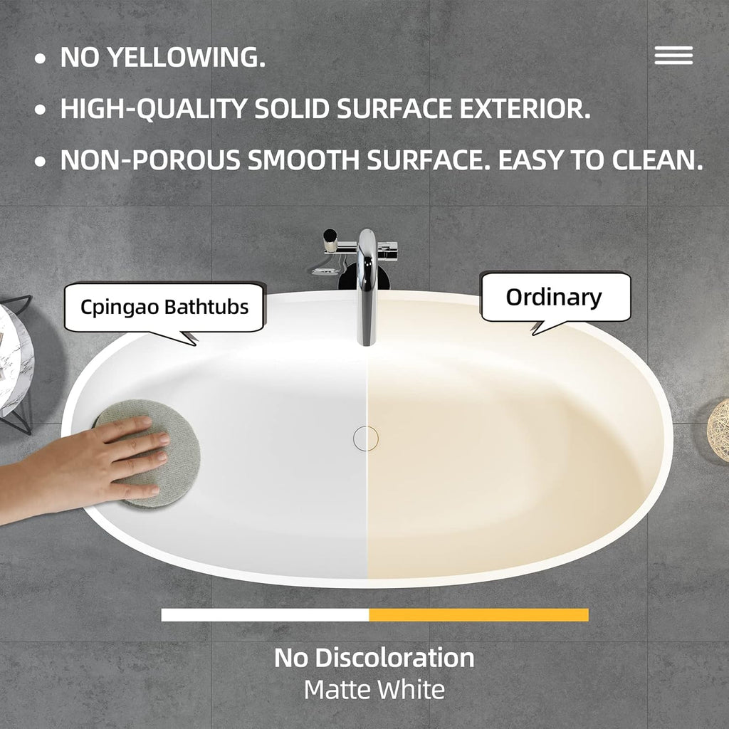 Cpingao 59' Freestanding Bathtub, Oval Shaped Stone Resin Freestanding Tubs, Solid Surface Matte White Soaking Tub with Overflow and Pop-up Drain 8801-1500