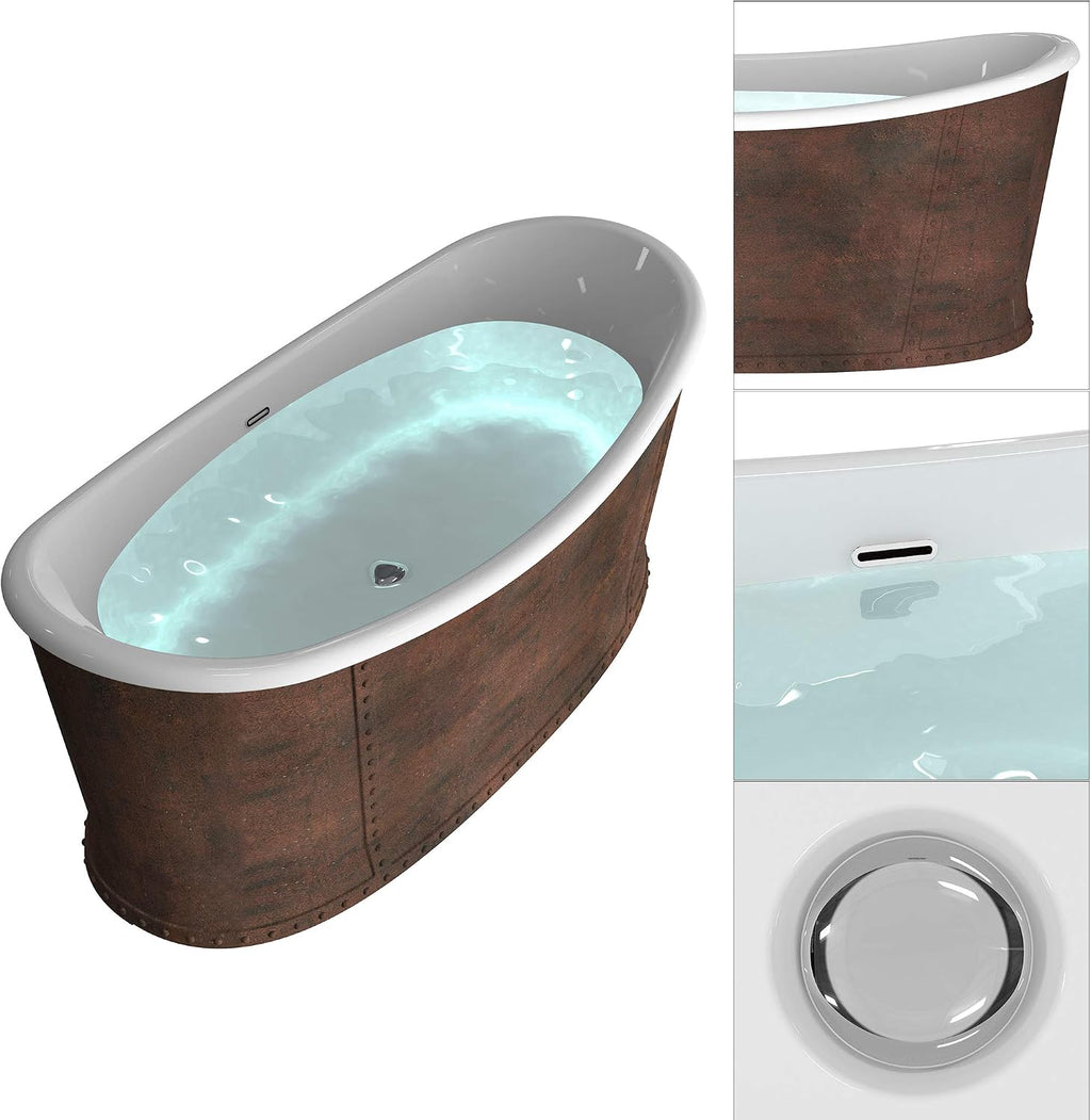 HEATGENE 66' Acrylic Freestanding Bathtub Vintage Freestand Soaking Tub UPC Certified Drain & Overflow Assembly Included - Copper