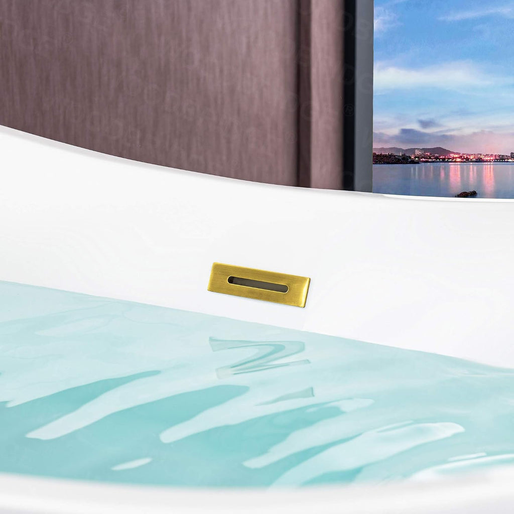 WOODBRIDGE 59'Freestanding White Acylic Soaking Bathtub with Brushed Gold Drain and Overflow,BTA1516 -BG-Drain &O