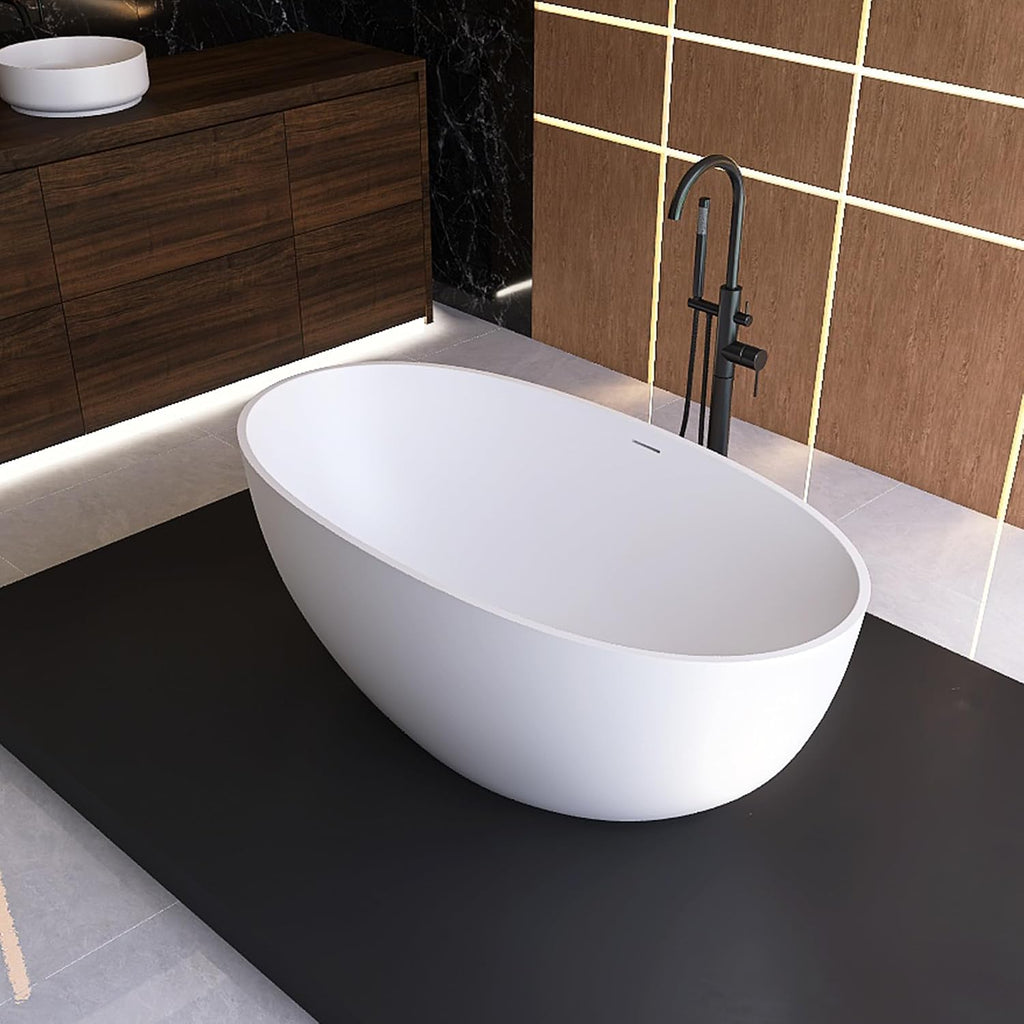 Oval 55' Freestanding Bathtub, Stone Resin Matte White | Solid Surface Stand Alone Bathtub, Modern Soaking Tub with Overflow and Pop-up Drain, cUPC Certified