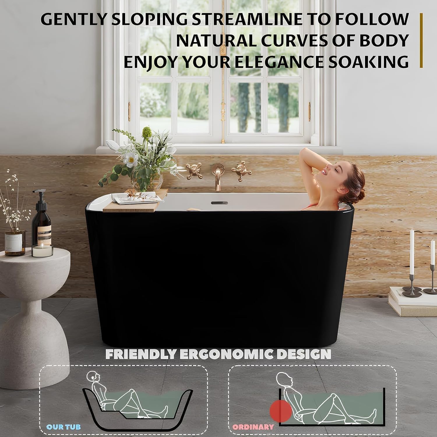 49 Inch Freestanding Bathtub, Acrylic Free Standing Tub, Black Exterior White Interior Soaking Tub with Drain and Overflow, Compact Stand Alone Tub for Small Bathroom
