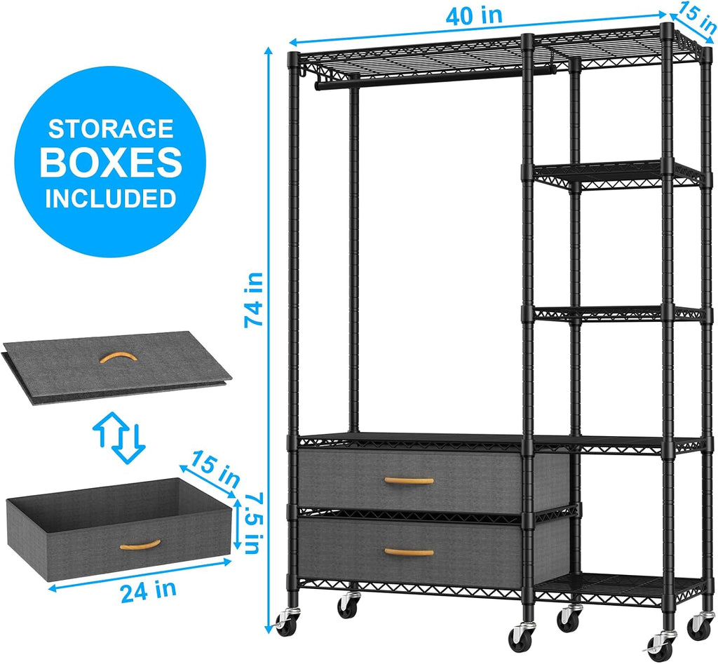 Ulif F3R Heavy Duty Clothes Rack（With Lockable Wheels）Freestanding Clothing Racks for Hanging Clothes，Adjustable Closet Organizer System，Portable Garment Rack 40'W x 15'D x 74'H，Max Load 700LBS，Black