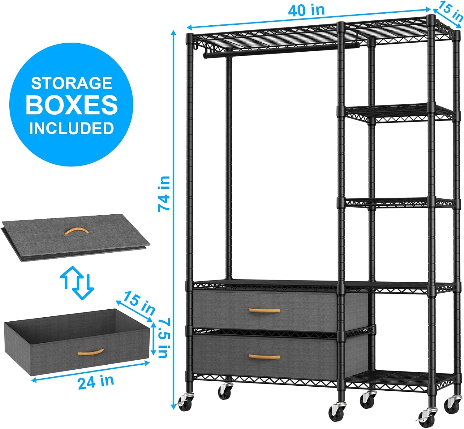 Ulif F3R Heavy Duty Clothes Rack（With Lockable Wheels）Freestanding Clothing Racks for Hanging Clothes，Adjustable Closet Organizer System，Portable Garment Rack 40'W x 15'D x 74'H，Max Load 700LBS，Black