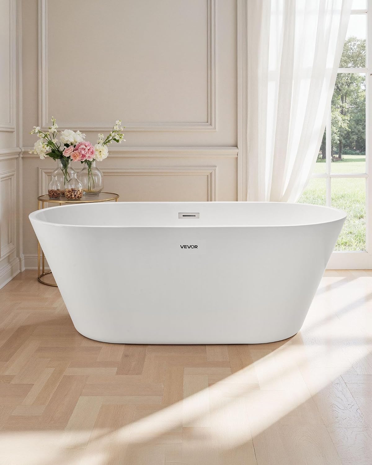 VEVOR Acrylic Freestanding Bathtub, 59 Inch Contemporary Soaking White Tub with Brushed Nickel Overflow and Drain, Elegant Oval Shape Stand Alone Soaker Tub for Modern Bathroom or Remodel Projects
