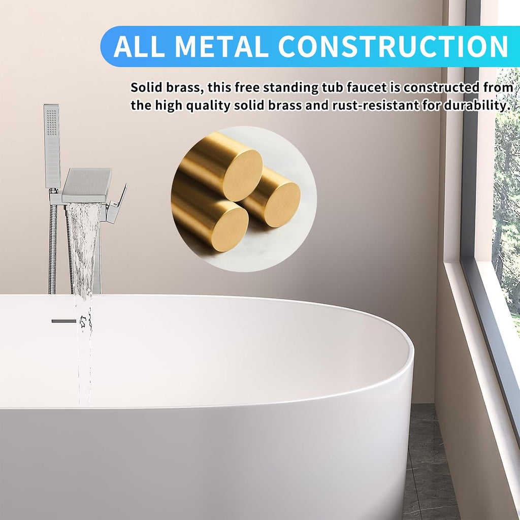 Freestanding Bathtub Faucet with Handheld Spray Single,High Flow Waterfall Bath Shower Faucet,Floor Mount Bathtub Faucet Swivel Flat Waterfall Spout Brushed Nickel