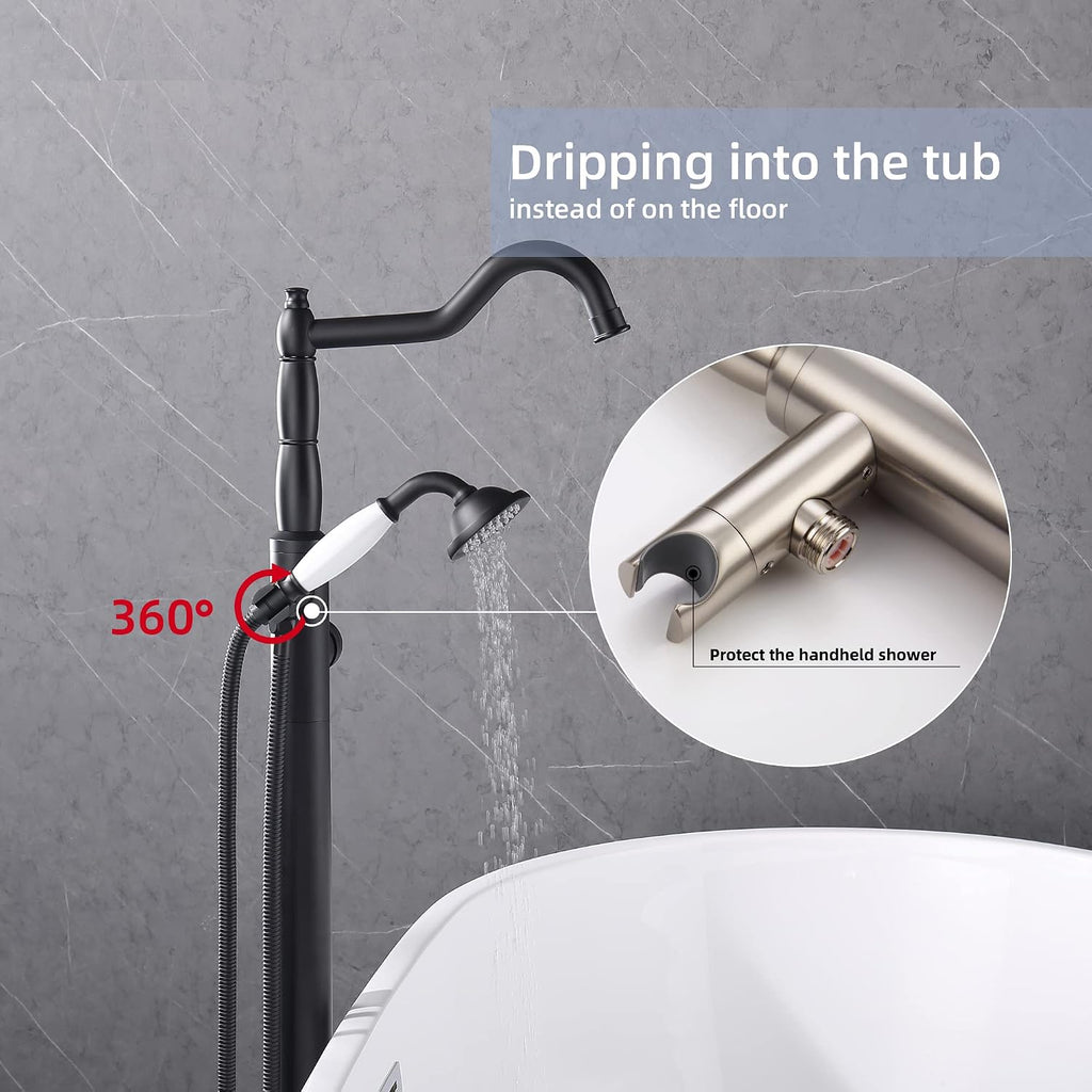 Free Standing Tub Faucet Matte Black, Freestanding Bathtub Filler Stylish Brass Stand Alone Clawfoot Tub Faucet with Rotate Handheld Shower
