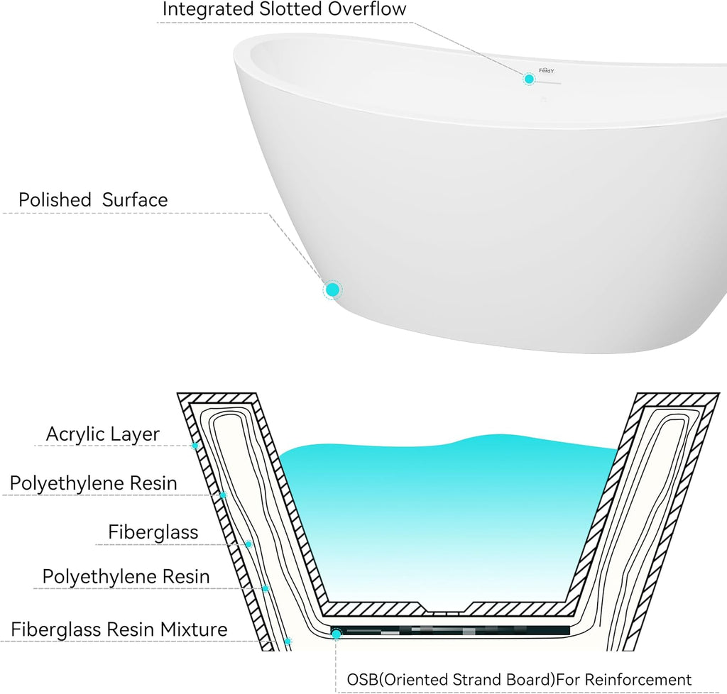 FerdY Naha 67' Freestanding Bathtub, Curve Edge Soaking Bathtub with Brushed Nickel Drain& Bath Pillow for Bathtub,Thick Tub Pillows, Ergonomic Head Neck and Back Support