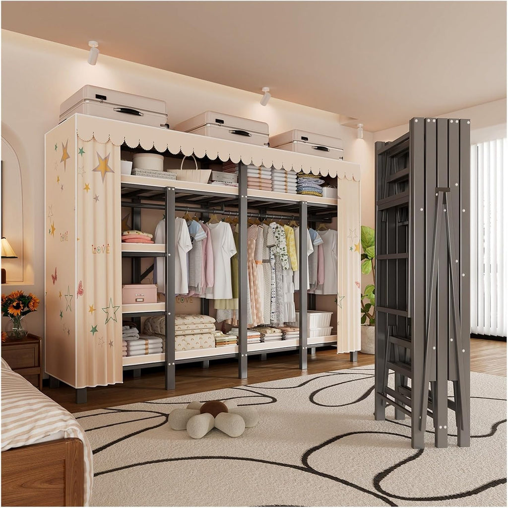 Foldable Wardrobe Closets With Cover Portable 500kg Heavy Duty Clothe Rack For Hanging Clothes Metal Garment Rack Freestanding Armoire Storage Garment Racks(A,130x170x50cm/51x67x20in)