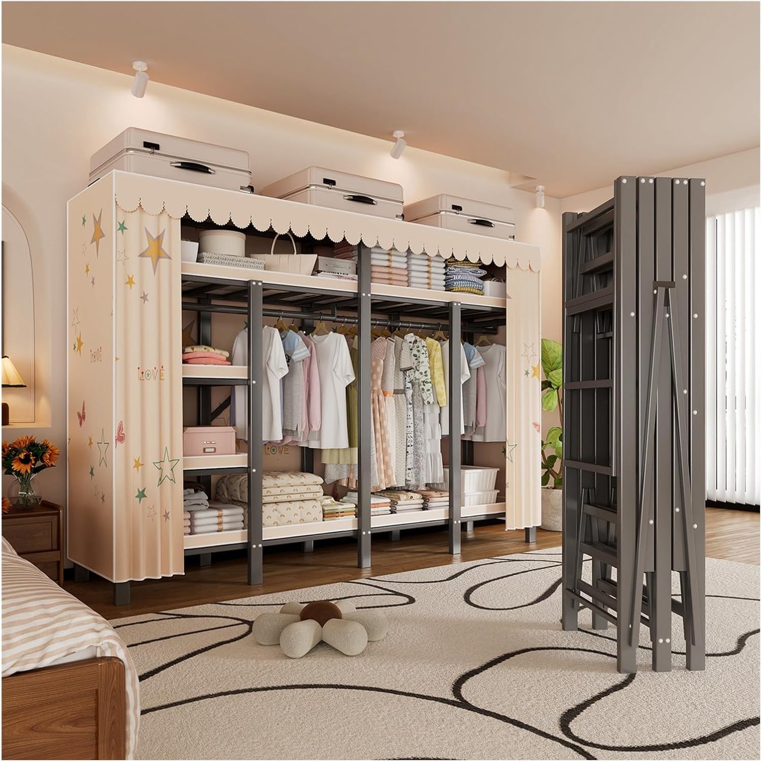 Foldable Wardrobe Closets With Cover Portable 500kg Heavy Duty Clothe Rack For Hanging Clothes Metal Garment Rack Freestanding Armoire Storage Garment Racks(A,130x170x50cm/51x67x20in)