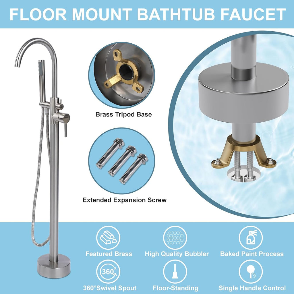 HAWKROWN Freestanding Bathtub Faucet, Floor Mount Bathtub Faucet with 2 Water Outlet Mode, Swivel Gooseneck Spout with Hand Shower, Brass Single Handle Tub filler, Max Flow Rate 7.4 GPM,Brushed Nickel