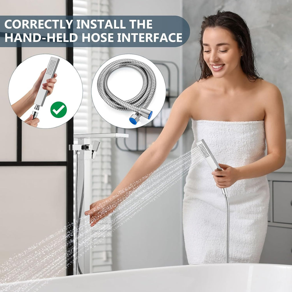Aolemi Freestanding Bathtub Faucet Floor Mount Tub Filler with Handheld Spray Single Handle Free Standing Bathroom Faucets Swivel Flat Waterfall Spout Polish Chrome