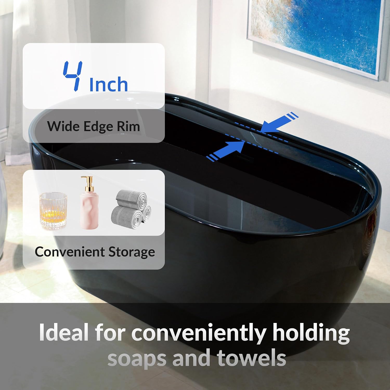 WOODBRIDGE 59' L x 31-1/2' W Freestanding Contemporary Acrylic Soaking Bathtub in Glossy Black Inside and Outside with Matte Black Drain & Overflow,B8864-MB
