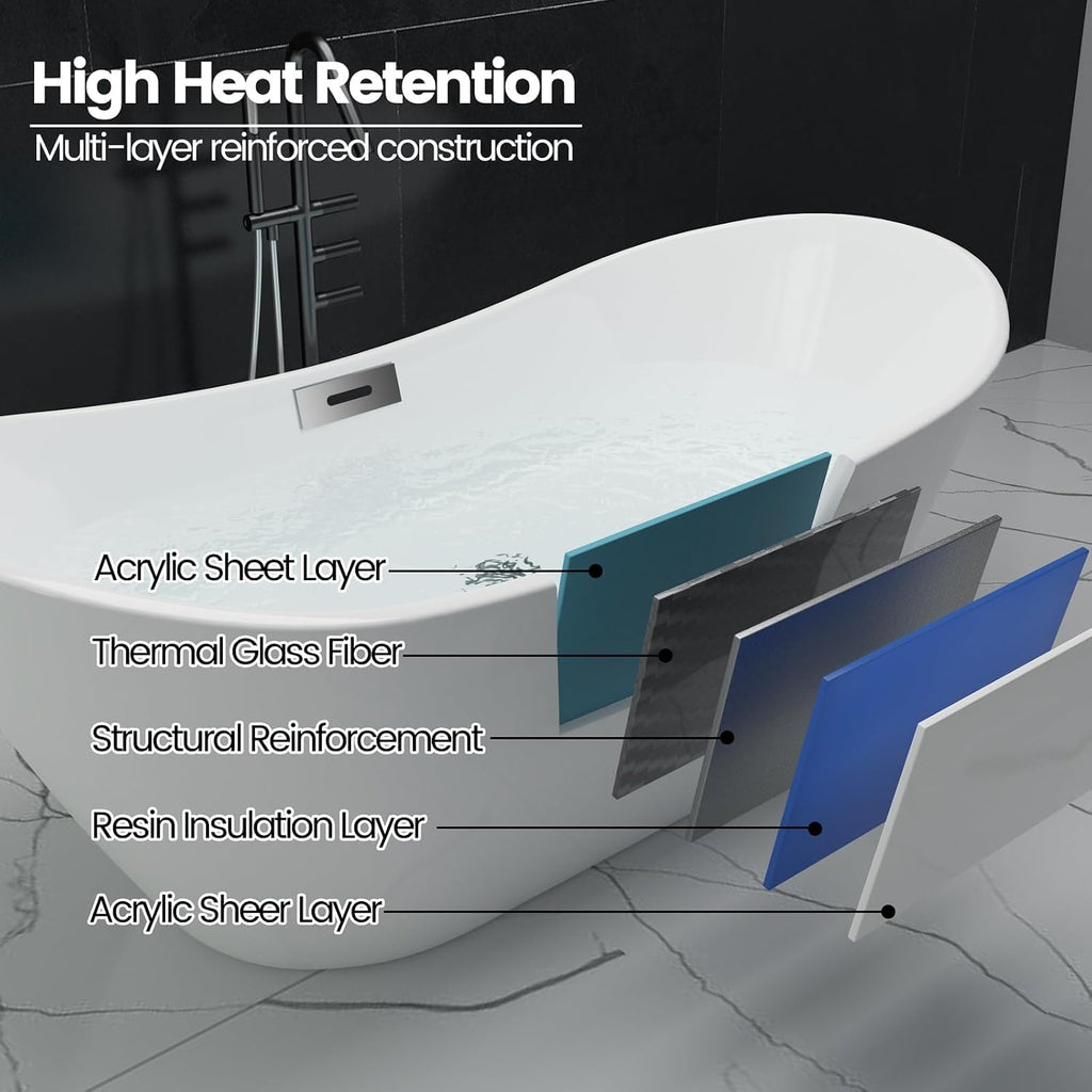 IDEALHOUSE 59' Acrylic Freestanding Bathtub Contemporary, Soaking Tub, CUPC Certified Stand Alone Tub with Non-Slip Base, Chrome Drain & Overflow, for Home Spa Relaxation(White-Sky)