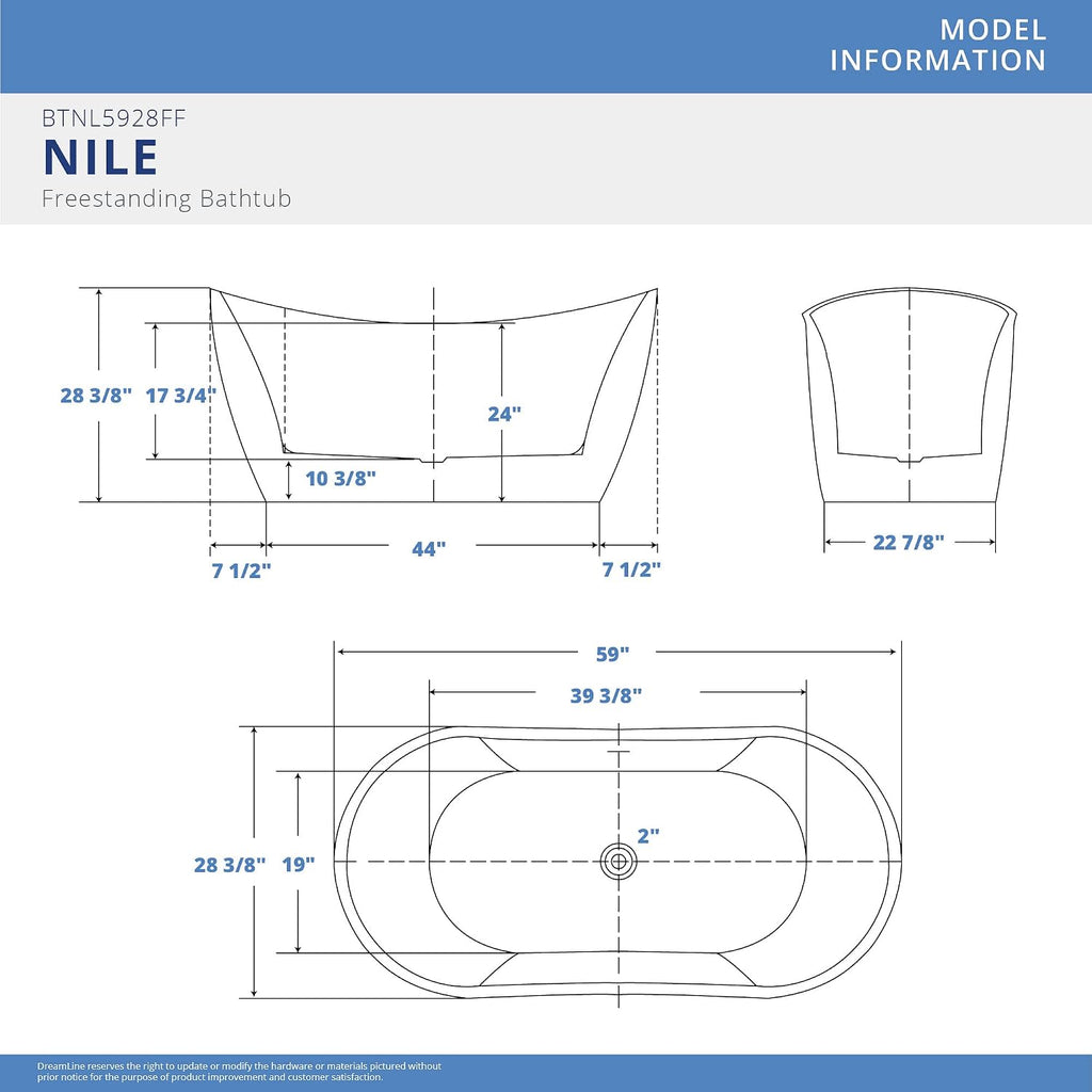 DreamLine Nile 59 inch L x 28 inch H Acrylic Freestanding Bathtub with Brushed Nickel Finish
