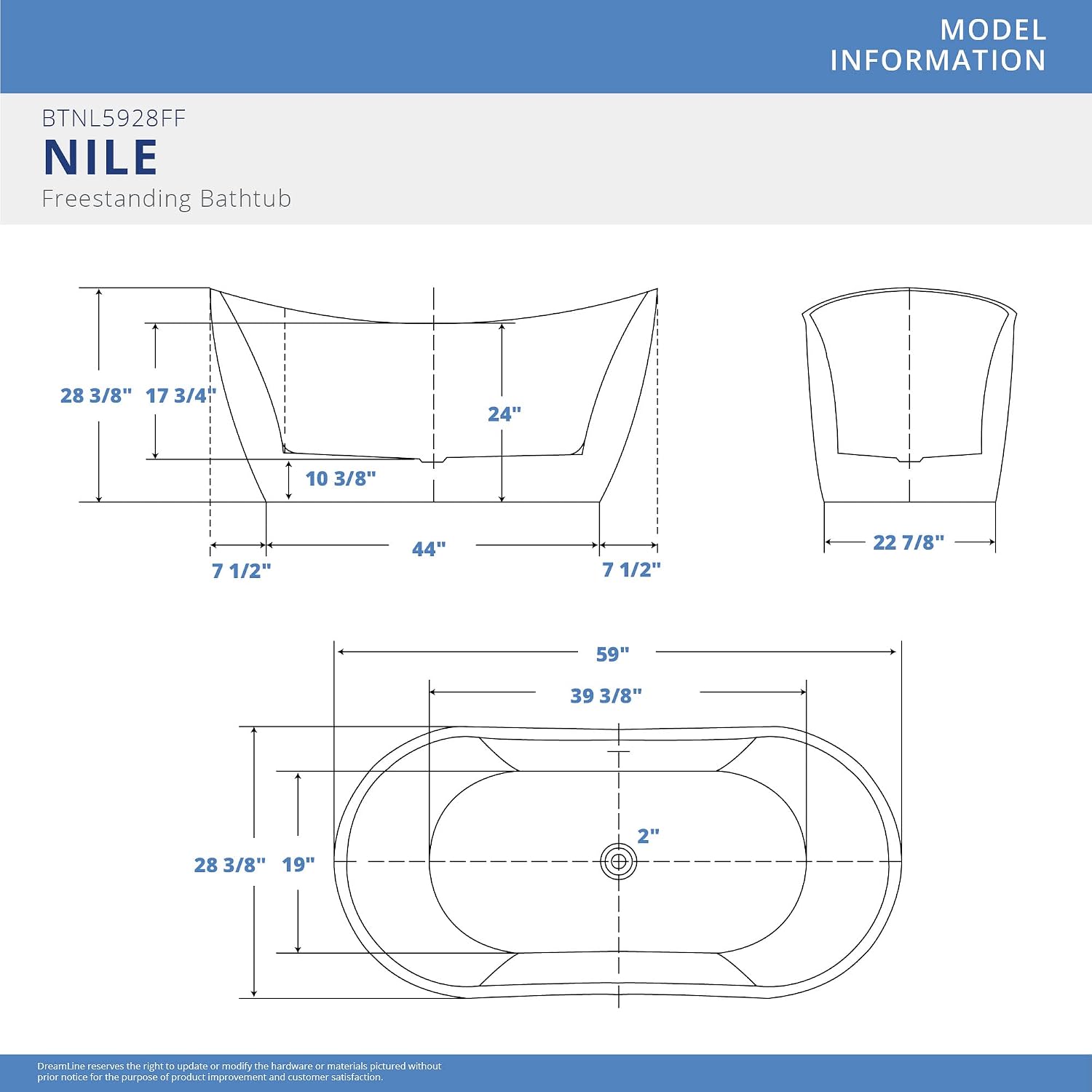 DreamLine Nile 59 inch L x 28 inch H Acrylic Freestanding Bathtub with Brushed Nickel Finish