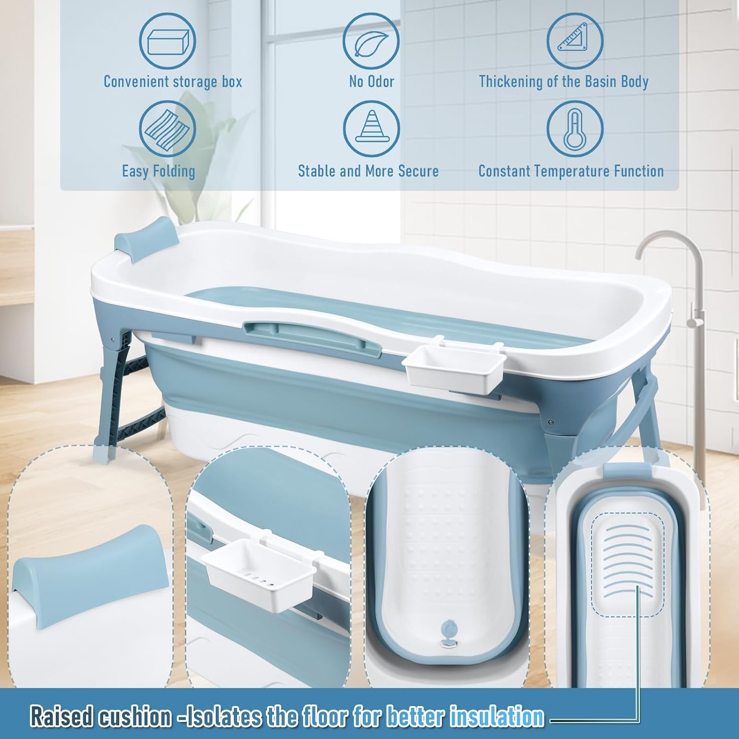 Portable Bathtub Portable Tub for Adults, 56' Foldable Bathtub for Adults Free Standing Tub for Shower, Ice Bath, Sitz Bath, Freestanding Bathtubs with Neck Pillow Blue