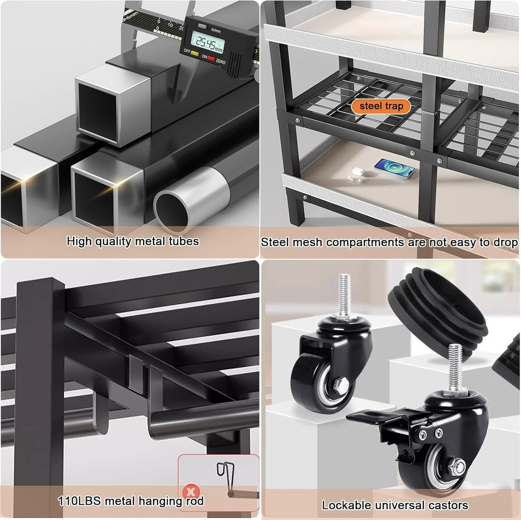 20.5in Width Foldable Heavy Duty Clothes Rack With Cover 2000LBS Rolling Garment Rack On Lockable Wheels Portable Wardrobe Closet For Bedroom For Hanging Clothing Coat Storage Rack(180cm/70.86in)