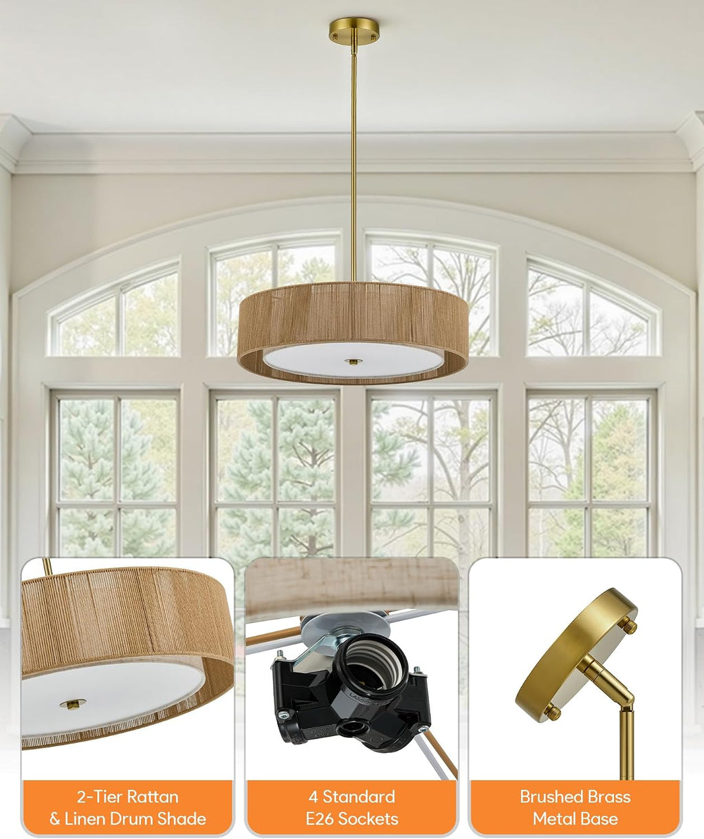 VONLUCE 20' Boho Rattan Chandelier, 4-Light Drum Chandelier with 2-Tier Woven Lampshade, Rattan Ceiling Light for Dining Room Bedroom Living Room with E26 Sockets, Gold Finish, ETL Certified