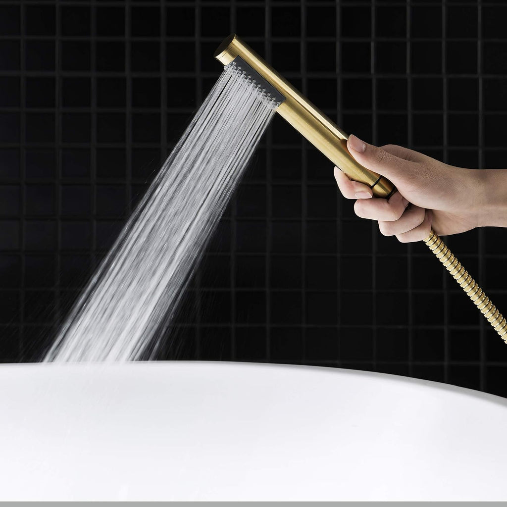 WOODBRIDGE F0007 BG Freestanding Tub Filler Bathtub Floor Mount Brass Bathroom Faucets with Hand Shower, F-0007 Golden, Brushed Gold