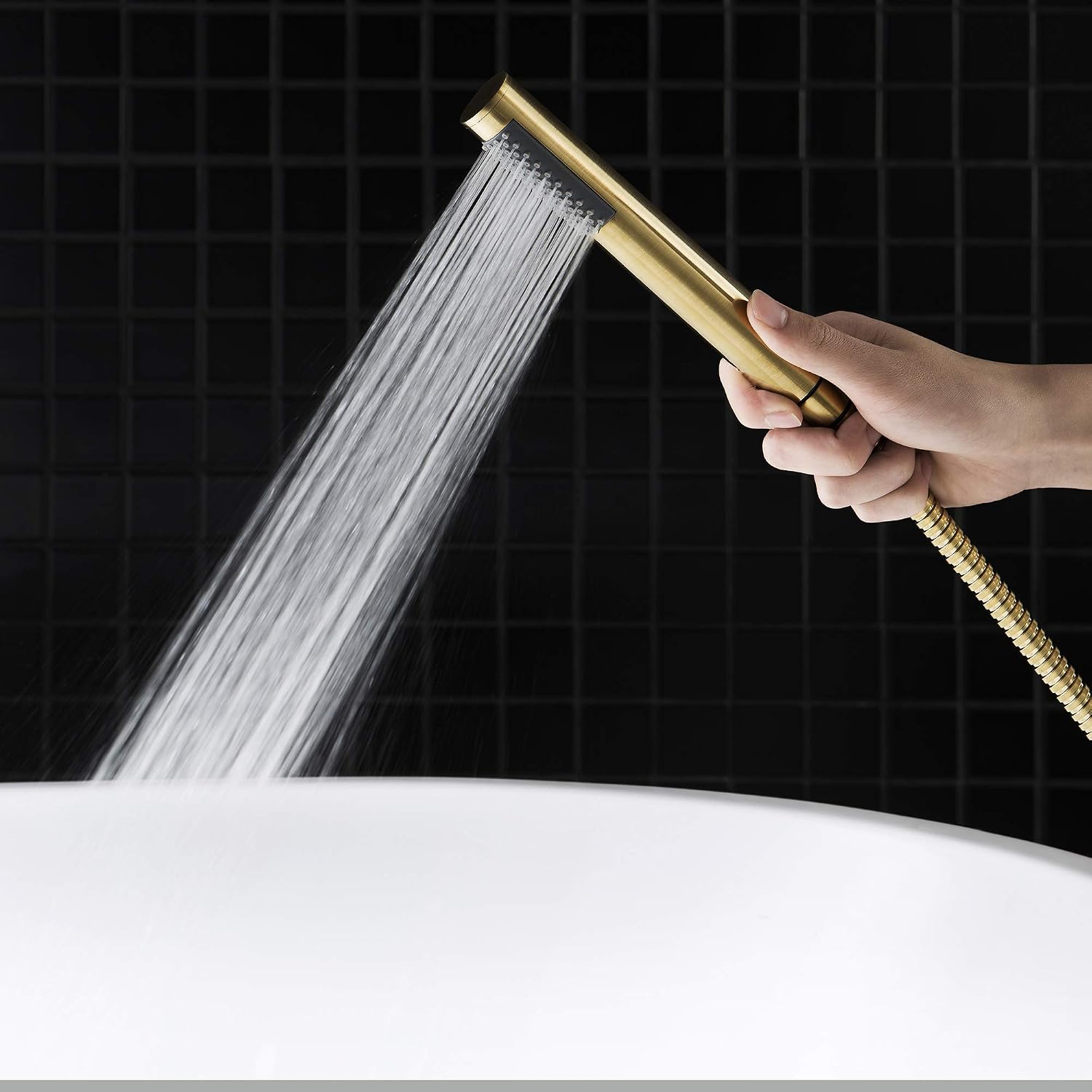 WOODBRIDGE F0007 BG Freestanding Tub Filler Bathtub Floor Mount Brass Bathroom Faucets with Hand Shower, F-0007 Golden, Brushed Gold
