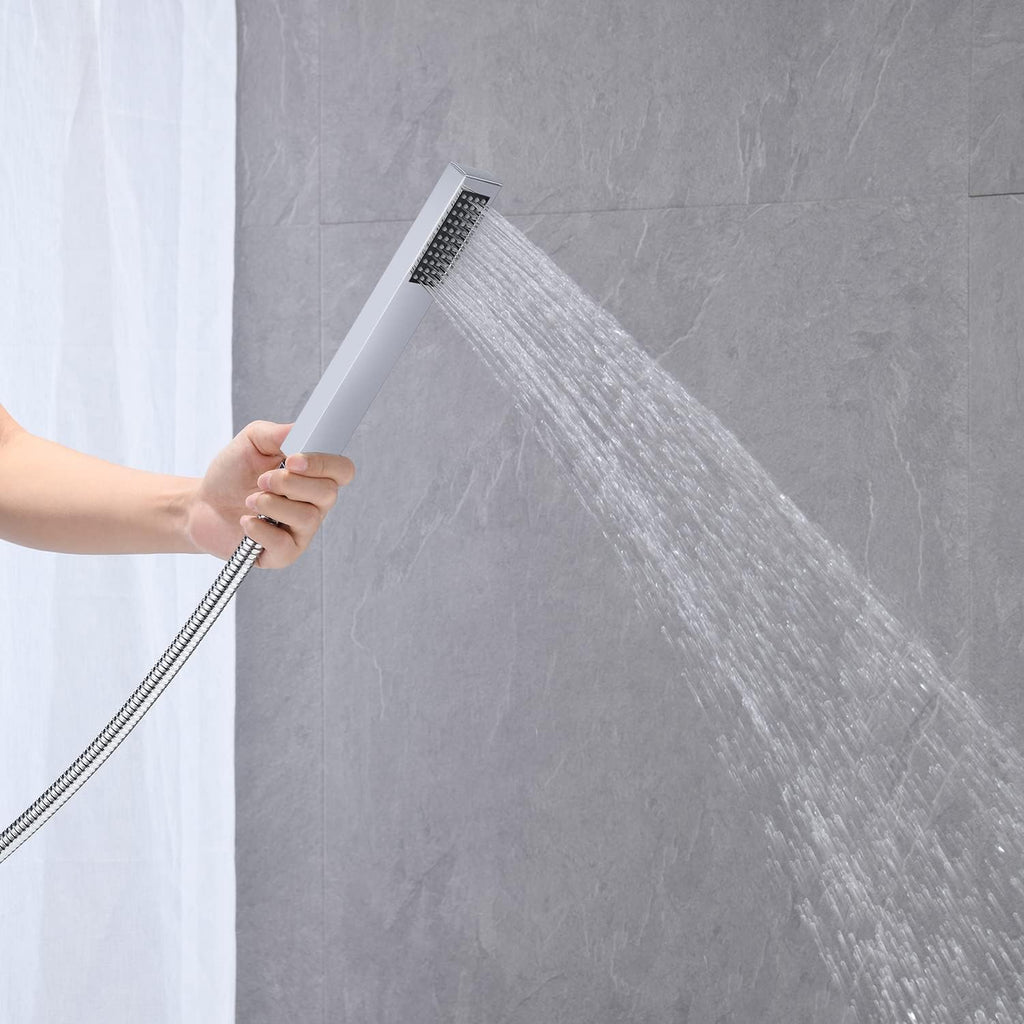 Wowkk Freestanding Tub Filler Waterfall Bathtub Faucet Chrome Floor Mount Brass Single Handle Bathroom Faucets with Hand Shower